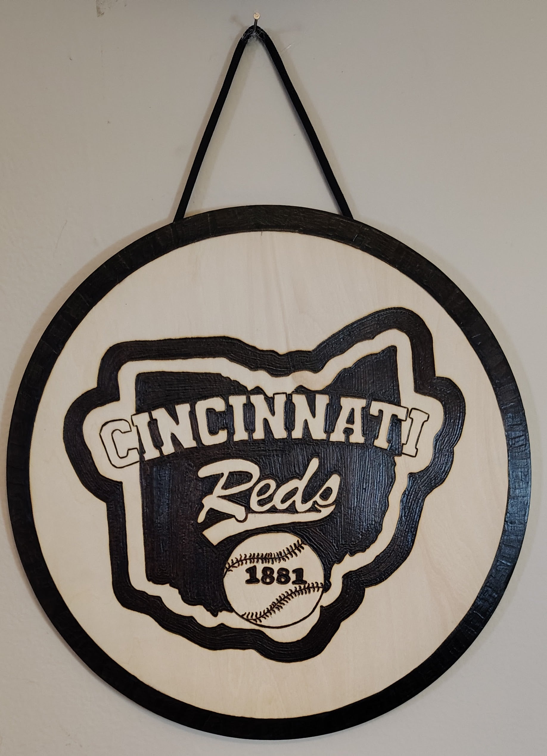 Cincinnati Reds Baseball wood burnt sign