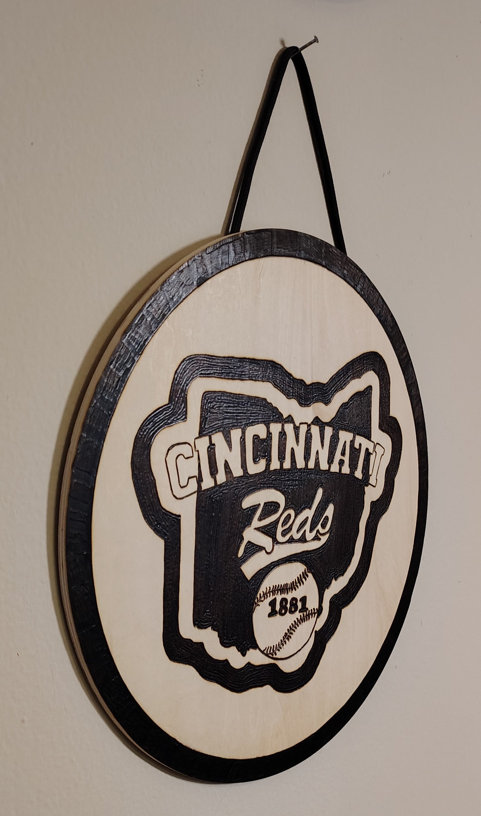 Cincinnati Reds Baseball wood burnt sign